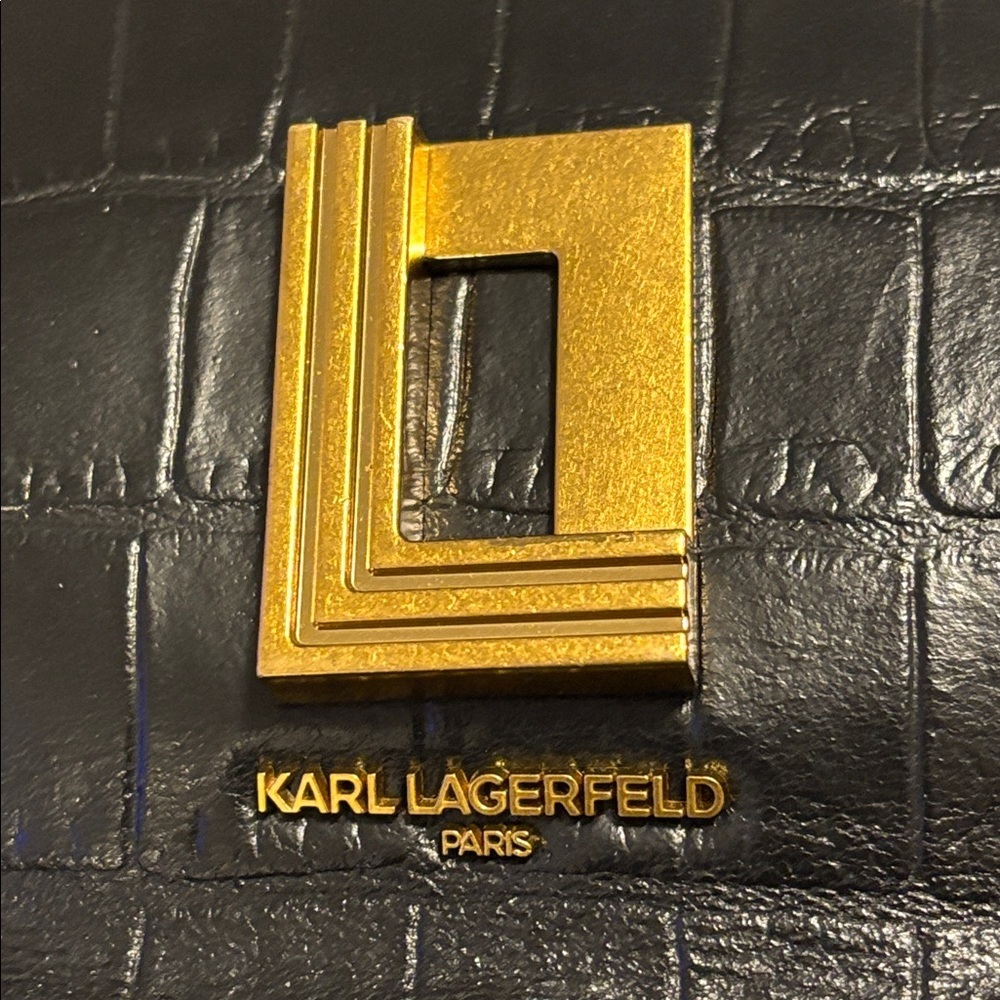Karl Lagerfeld Paris Black Croc-Embossed Leather gold chain strap hobo bag - Picture 8 of 16